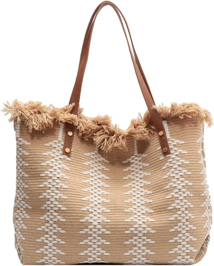 Womens Large Tote Handbag Cotton Linen Shoulder Bag Bohemian Tassel Hobo Bag for Shopping, Beach, Vacation