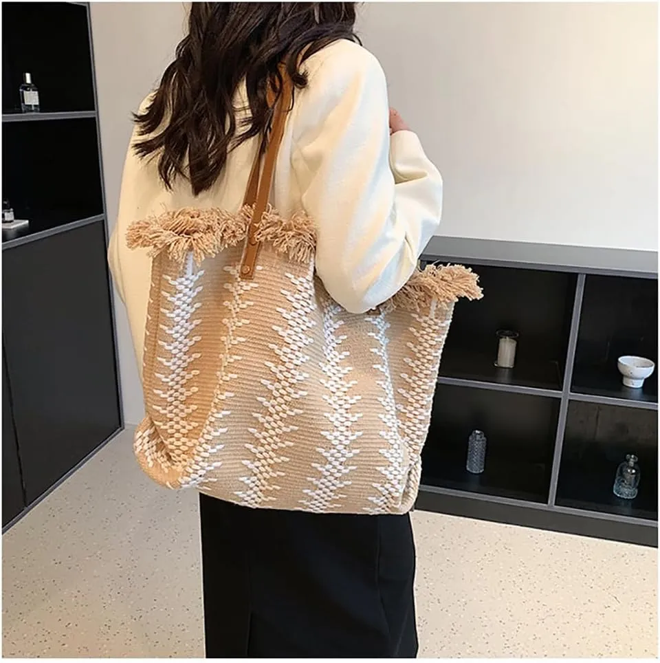 Womens Large Tote Handbag Cotton Linen Shoulder Bag Bohemian Tassel Hobo Bag for Shopping, Beach, Vacation