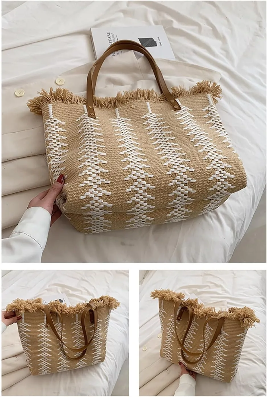 Womens Large Tote Handbag Cotton Linen Shoulder Bag Bohemian Tassel Hobo Bag for Shopping, Beach, Vacation