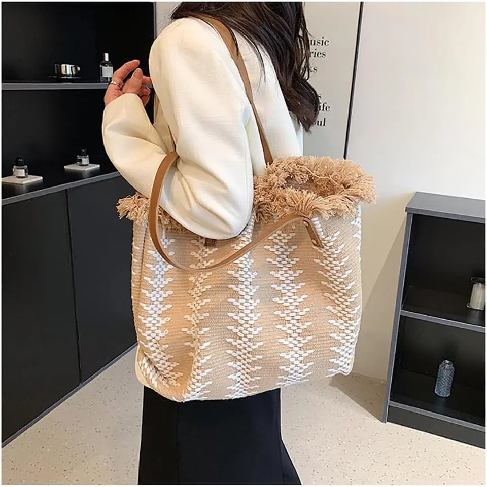Womens Large Tote Handbag Cotton Linen Shoulder Bag Bohemian Tassel Hobo Bag for Shopping, Beach, Vacation