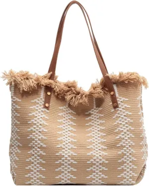 Womens Large Tote Handbag Cotton Linen Shoulder Bag Bohemian Tassel Hobo Bag for Shopping, Beach, Vacation