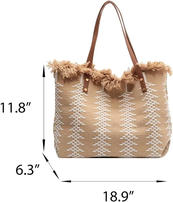 Womens Large Tote Handbag Cotton Linen Shoulder Bag Bohemian Tassel Hobo Bag for Shopping, Beach, Vacation