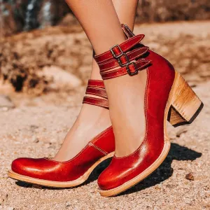 Women’s Leather Ankle Strap High Heel Pumps Vintage Style Block Heel Mary Jane Shoes with Adjustable Buckles Round Toe Back Zipper Pumps for Women