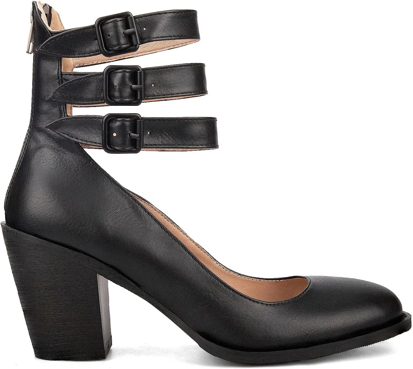 Womens Leather Ankle Strap High Heel Pumps Vintage Style Block Heel Mary Jane Shoes with Adjustable Buckles Round Toe Back Zipper Pumps for Women