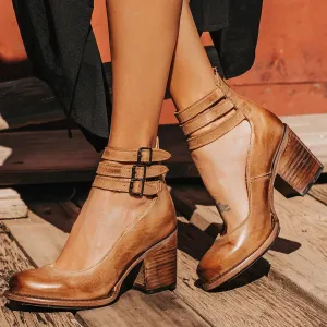 Women’s Leather Ankle Strap High Heel Pumps Vintage Style Block Heel Mary Jane Shoes with Adjustable Buckles Round Toe Back Zipper Pumps for Women