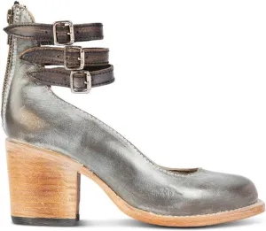 Womens Leather Ankle Strap High Heel Pumps Vintage Style Block Heel Mary Jane Shoes with Adjustable Buckles Round Toe Back Zipper Pumps for Women