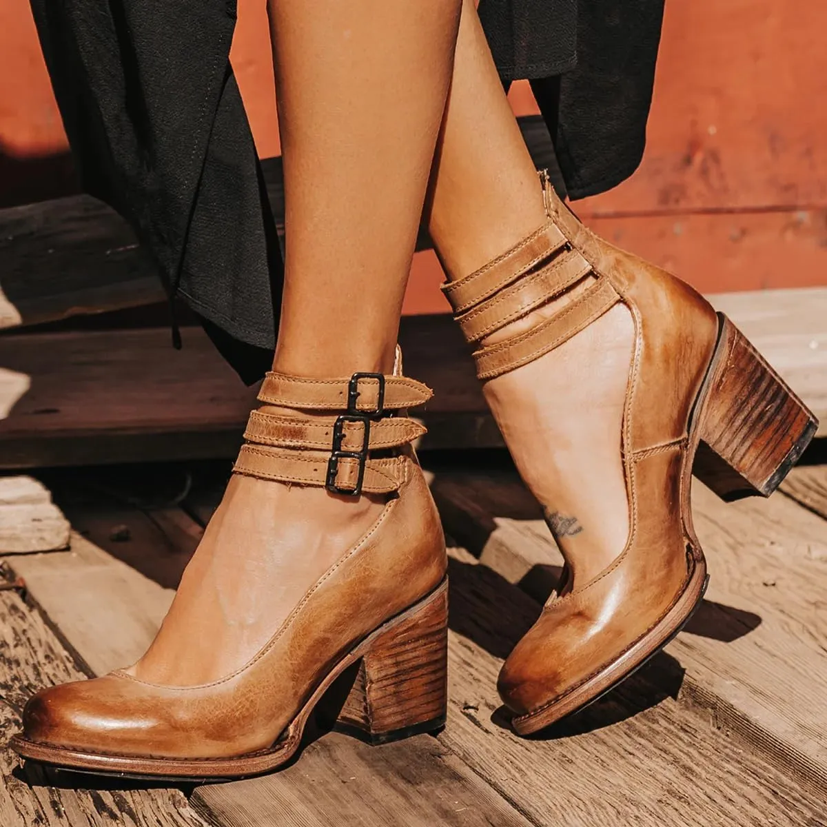 Women’s Leather Ankle Strap High Heel Pumps Vintage Style Block Heel Mary Jane Shoes with Adjustable Buckles Round Toe Back Zipper Pumps for Women
