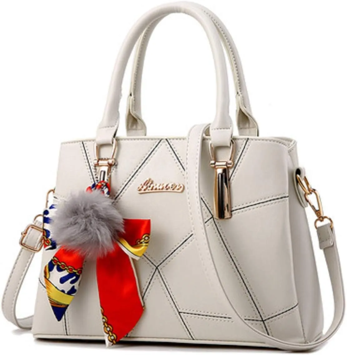 Womens Leather Handbags Purses Top-Handle Totes Satchel Shoulder Bag for Ladies with Pompon and Bowknot
