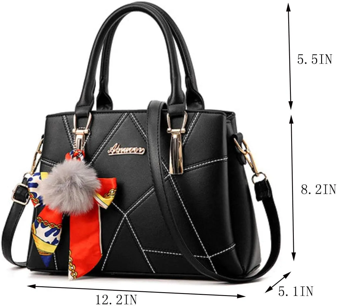 Womens Leather Handbags Purses Top-Handle Totes Satchel Shoulder Bag for Ladies with Pompon and Bowknot