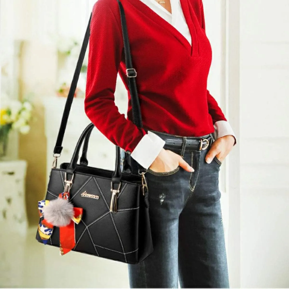 Womens Leather Handbags Purses Top-Handle Totes Satchel Shoulder Bag for Ladies with Pompon and Bowknot