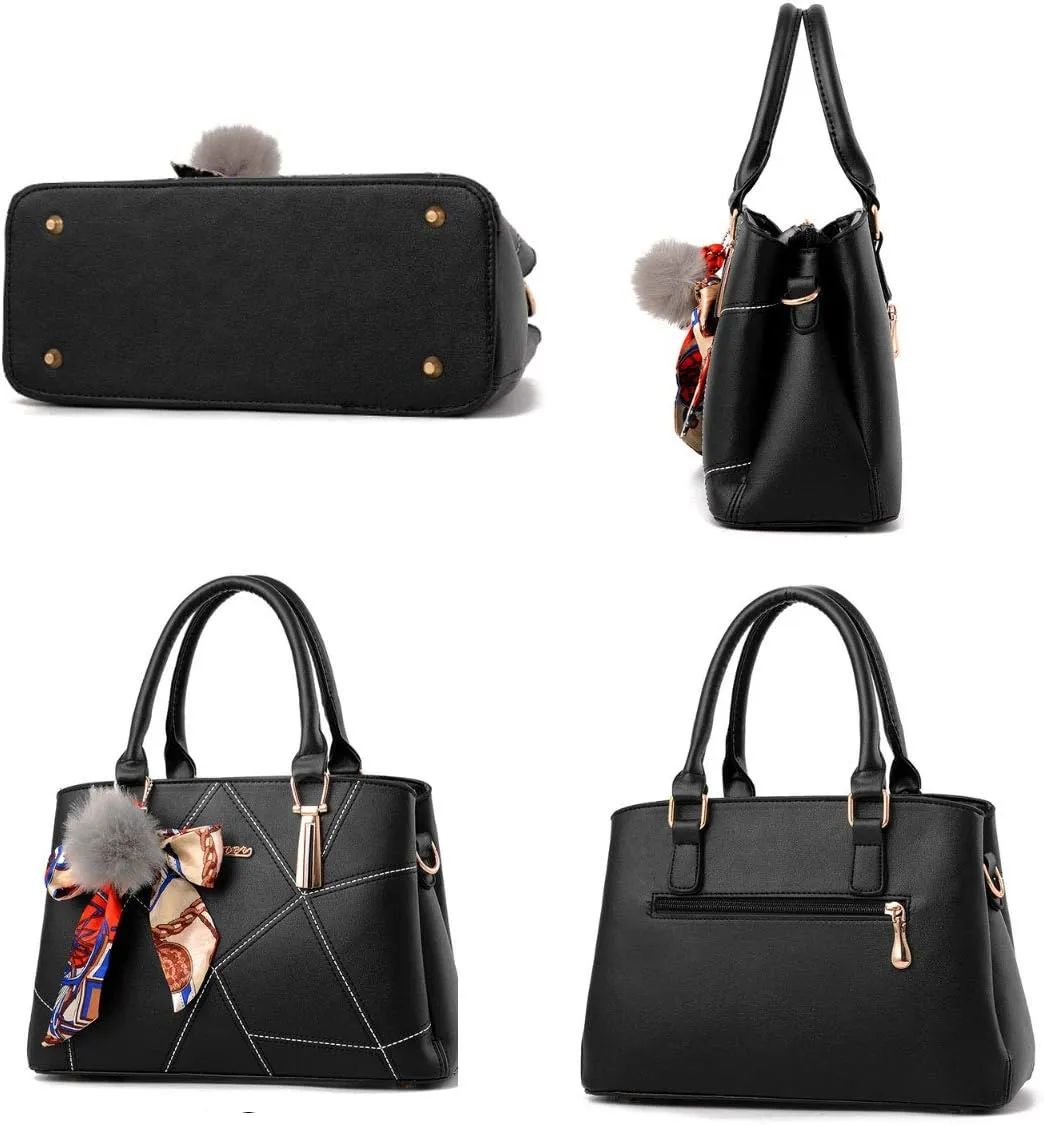 Womens Leather Handbags Purses Top-Handle Totes Satchel Shoulder Bag for Ladies with Pompon and Bowknot