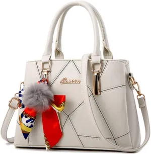 Womens Leather Handbags Purses Top-Handle Totes Satchel Shoulder Bag for Ladies with Pompon and Bowknot