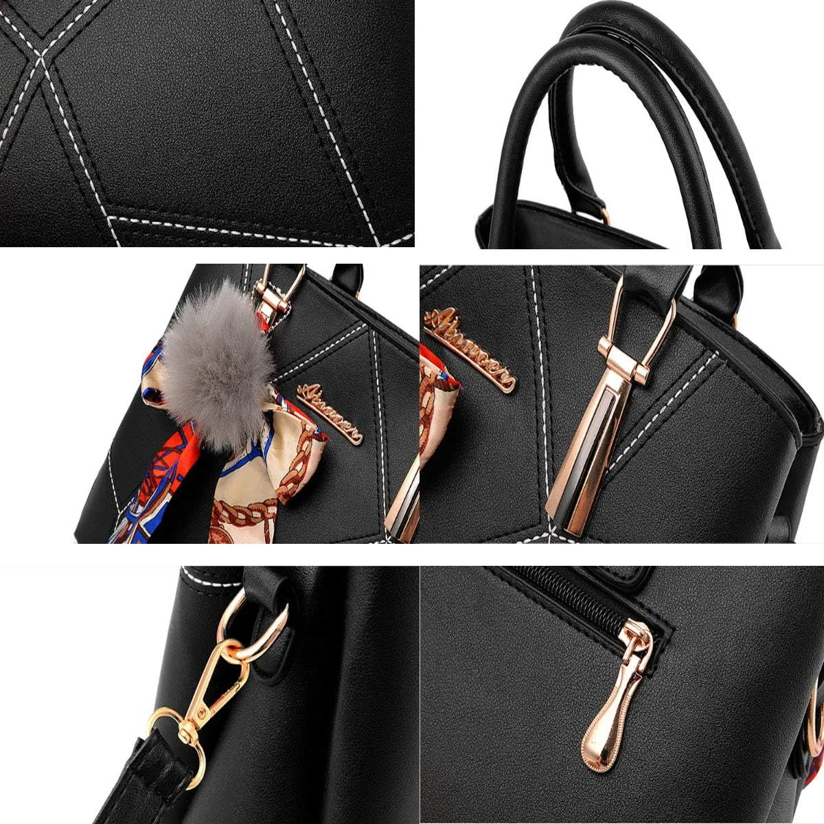 Womens Leather Handbags Purses Top-Handle Totes Satchel Shoulder Bag for Ladies with Pompon and Bowknot
