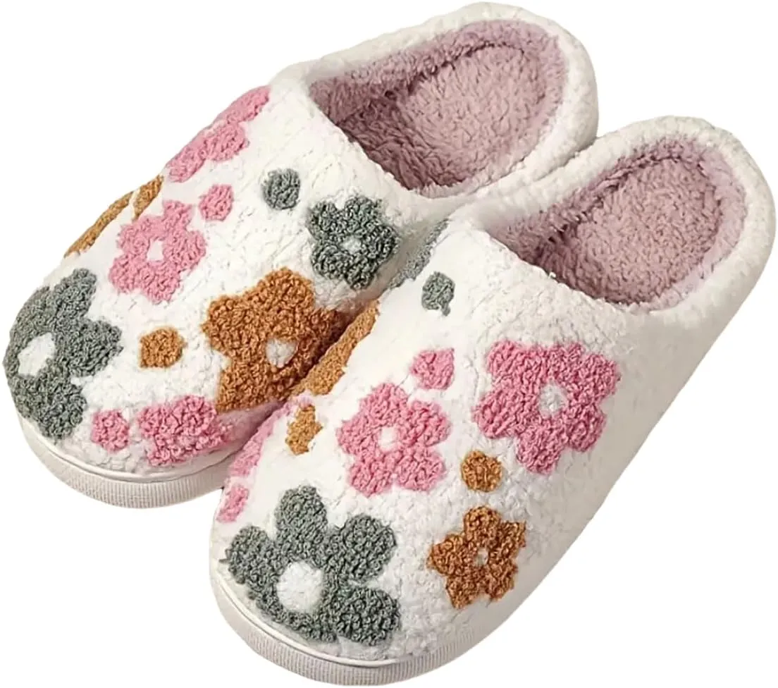 Womens Mens Cute Flowers Slippers Retro Memory Foam Cartoon Comfort Slippers Fuzzy Warm Plush Couple House Shoes