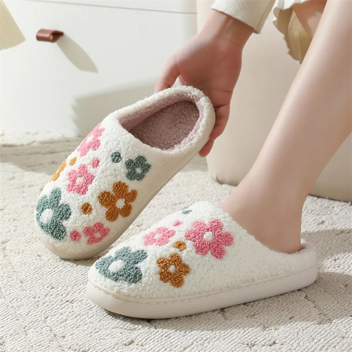 Womens Mens Cute Flowers Slippers Retro Memory Foam Cartoon Comfort Slippers Fuzzy Warm Plush Couple House Shoes