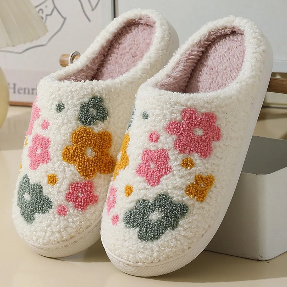 Womens Mens Cute Flowers Slippers Retro Memory Foam Cartoon Comfort Slippers Fuzzy Warm Plush Couple House Shoes