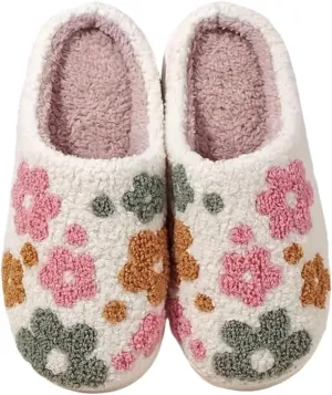 Womens Mens Cute Flowers Slippers Retro Memory Foam Cartoon Comfort Slippers Fuzzy Warm Plush Couple House Shoes