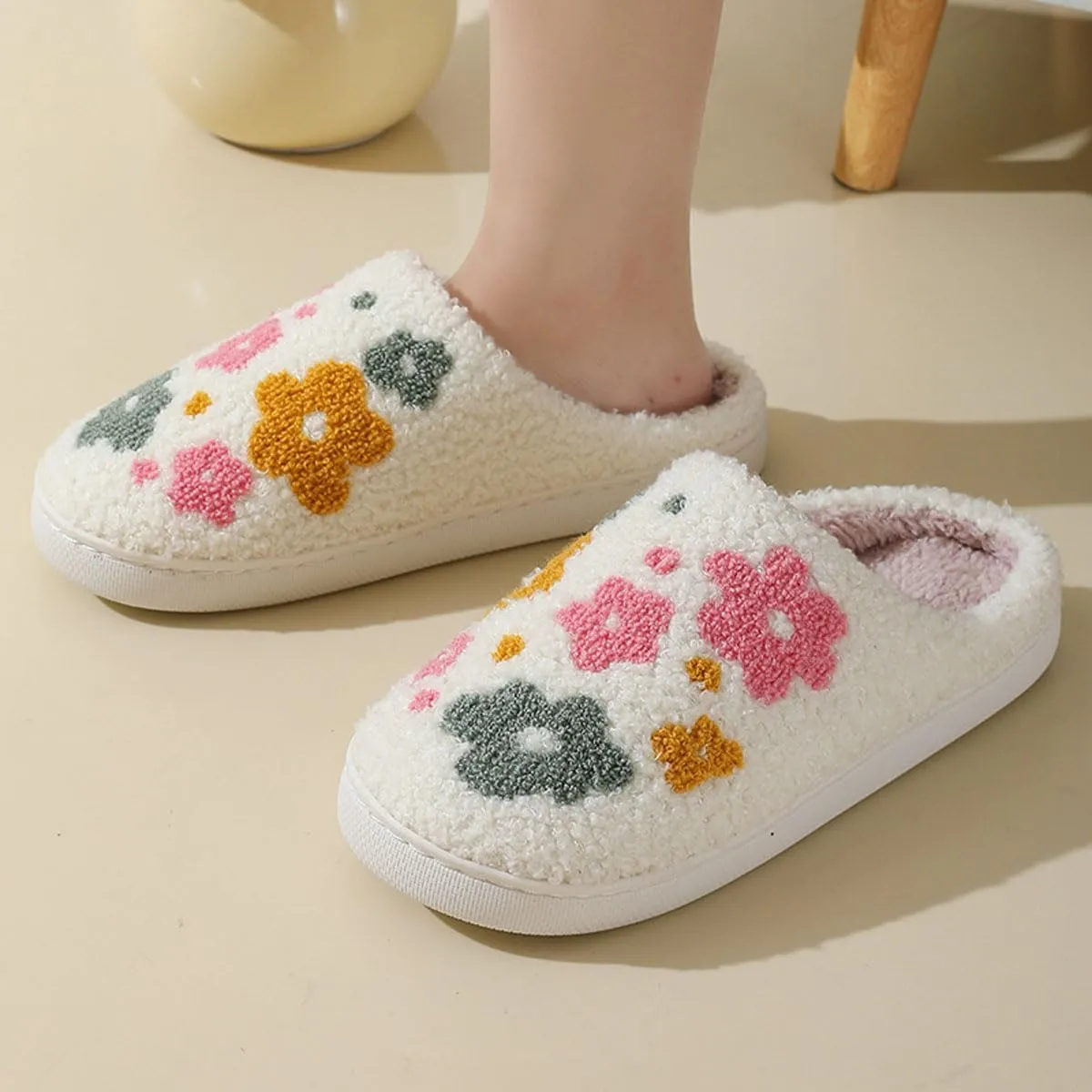 Womens Mens Cute Flowers Slippers Retro Memory Foam Cartoon Comfort Slippers Fuzzy Warm Plush Couple House Shoes