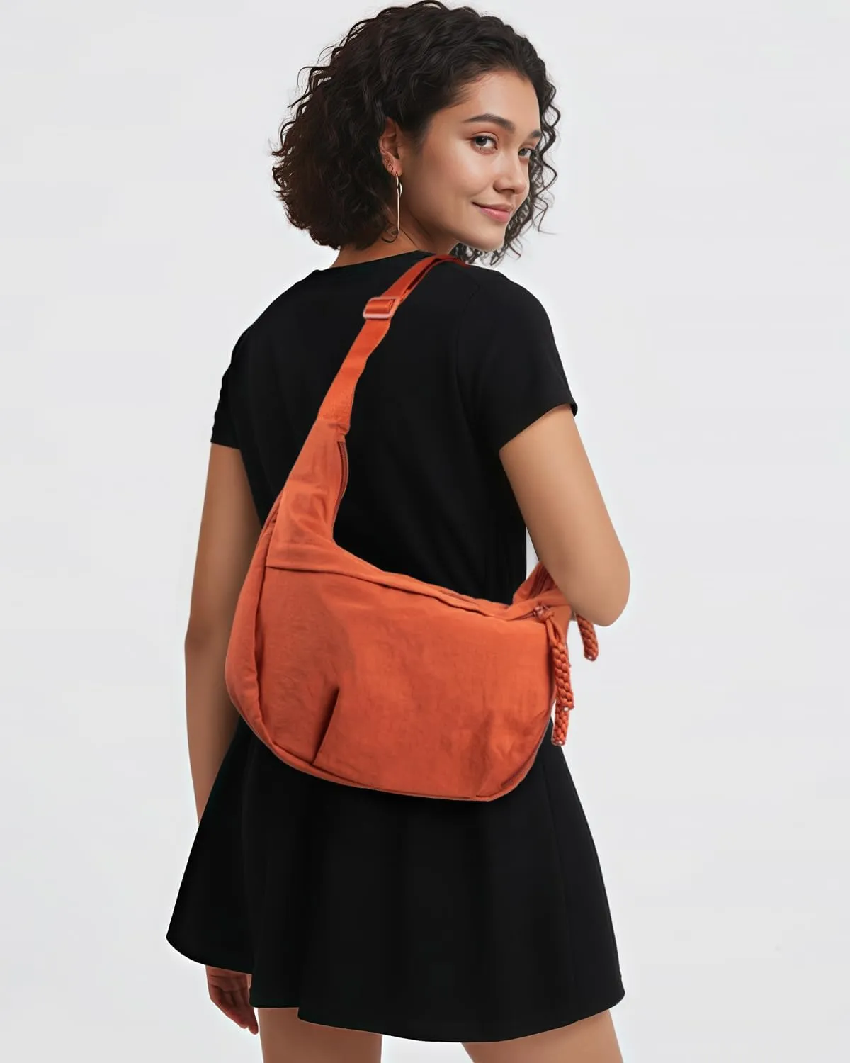 Women's Nylon Hobo Crescent Crossbody Bag, Multi-Pocket Sling Bag, Half Moon Shoulder Purse