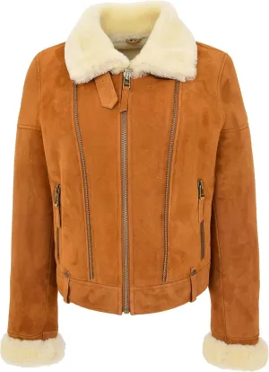 Womens Real Sheepskin Aviator Jacket Pilot Style Nora Tan White