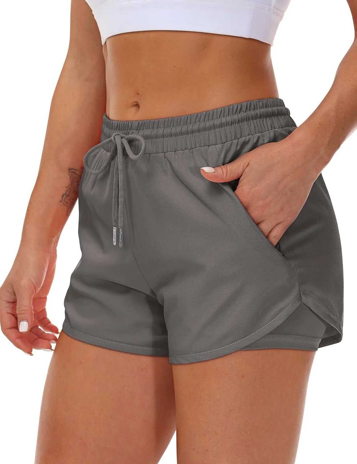 Women's Running Shorts with Liner 3 Zipper Pockets Elastic Workout Athletic Gym Yoga Shorts