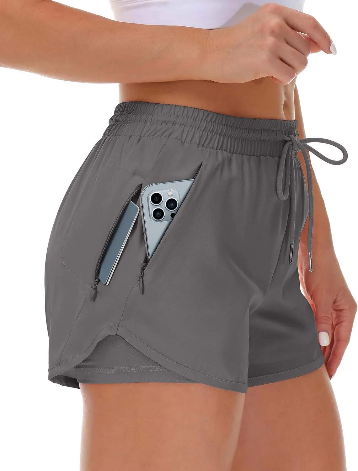 Women's Running Shorts with Liner 3 Zipper Pockets Elastic Workout Athletic Gym Yoga Shorts