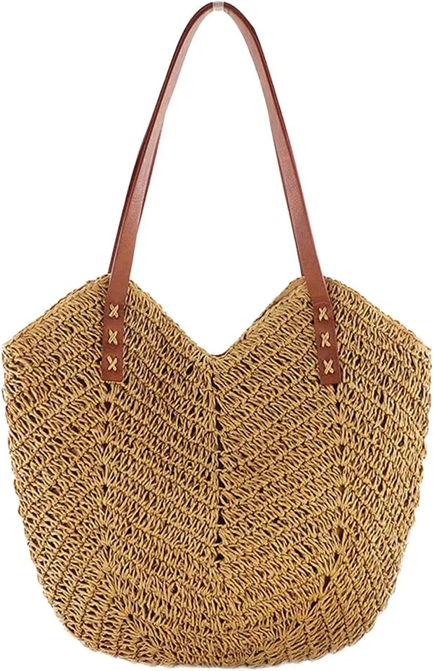 Womens Simple Elegant Straw Beach Tote Bag Handmade Woven Shoulder Purse for Summer