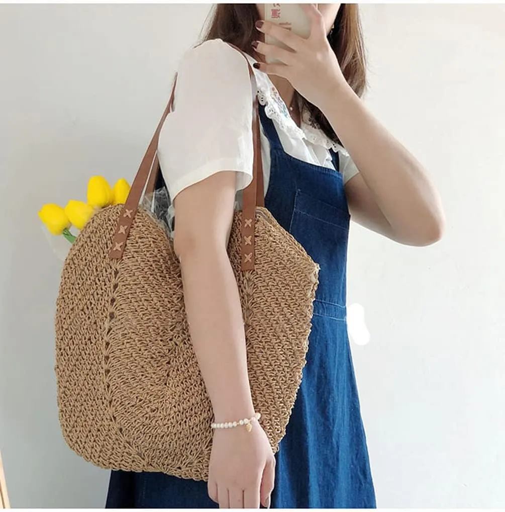 Womens Simple Elegant Straw Beach Tote Bag Handmade Woven Shoulder Purse for Summer