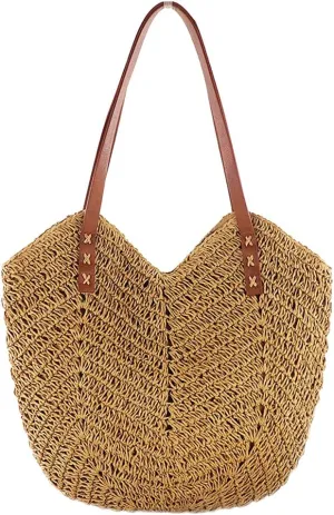Womens Simple Elegant Straw Beach Tote Bag Handmade Woven Shoulder Purse for Summer