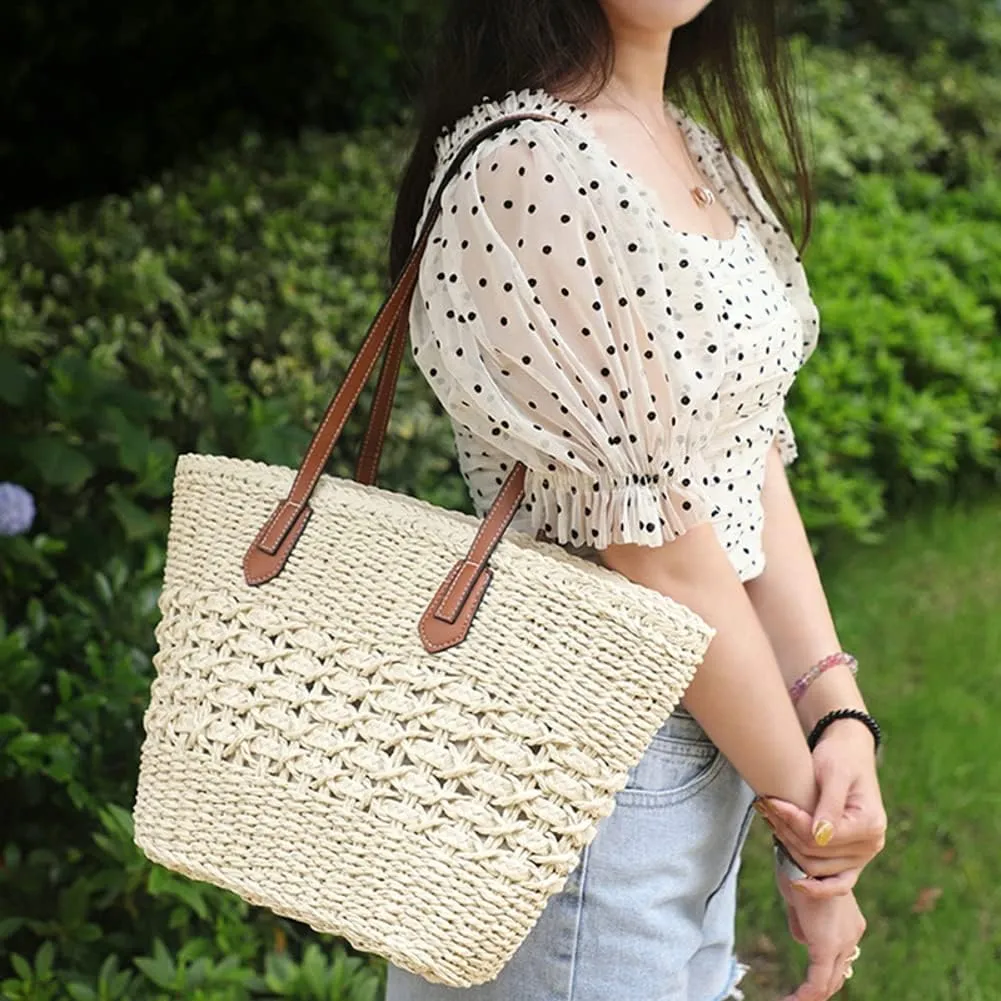 Women’s Straw Tote Bag Natural Woven Straw Beach Shoulder Bag Large Capacity Casual Handbags for Vocation