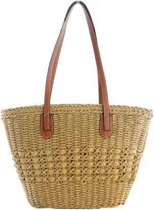 Women’s Straw Tote Bag Natural Woven Straw Beach Shoulder Bag Large Capacity Casual Handbags for Vocation