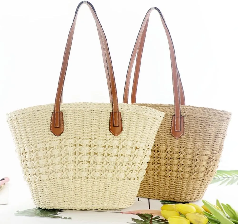 Women’s Straw Tote Bag Natural Woven Straw Beach Shoulder Bag Large Capacity Casual Handbags for Vocation