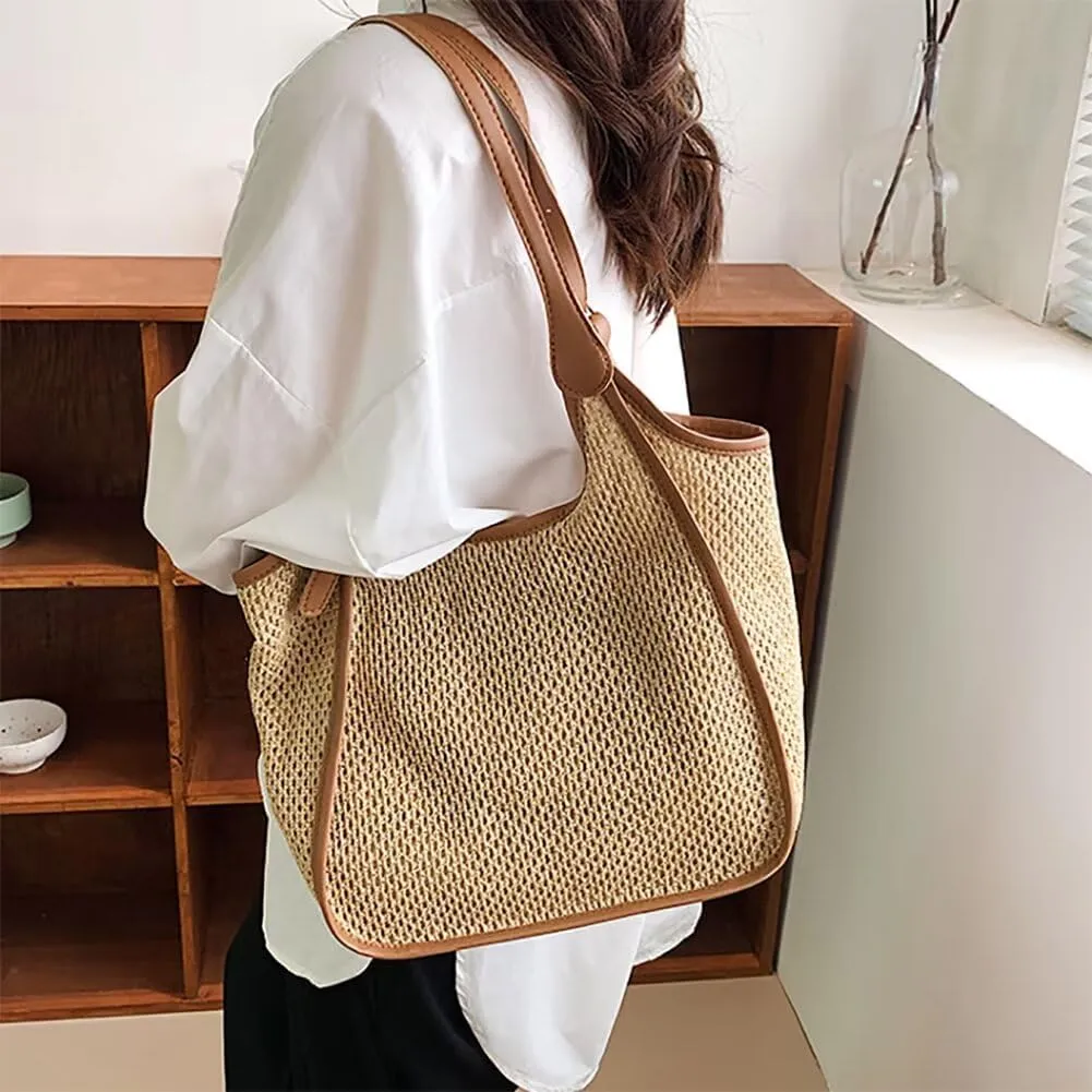 Women’s Woven Tote Bag Large Capacity Shoulder Beach Handbag Casual Top Handle Bag Travel Purse Designer Straw Bag