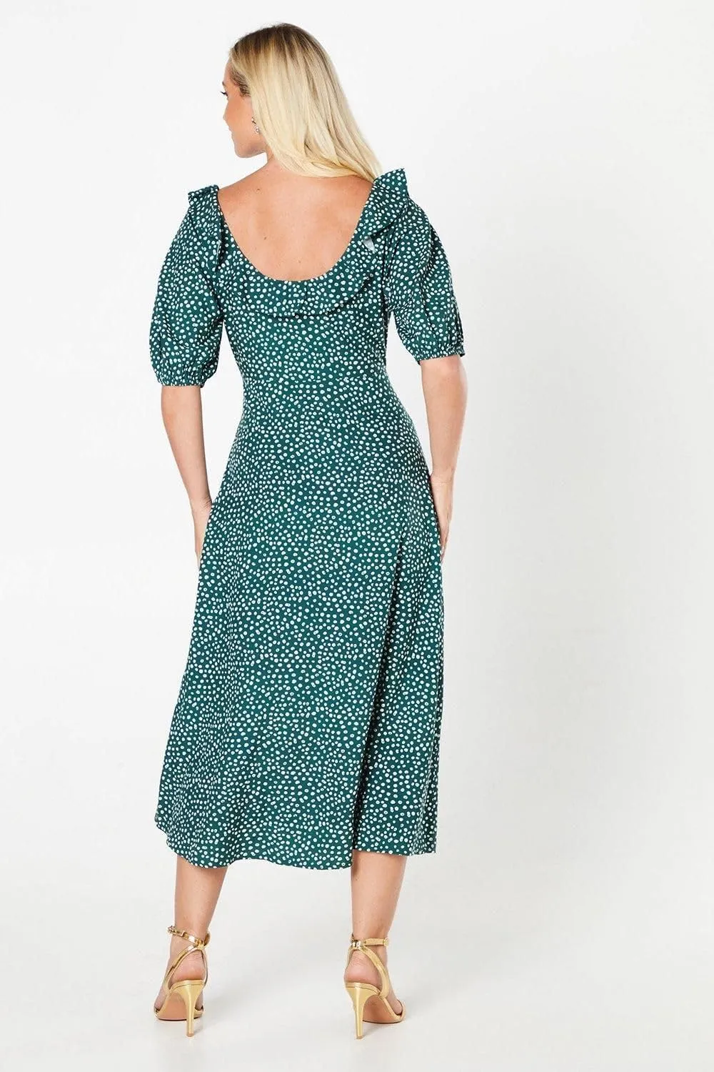 Womens/Ladies Spotted Ruffle Neck Midi Dress