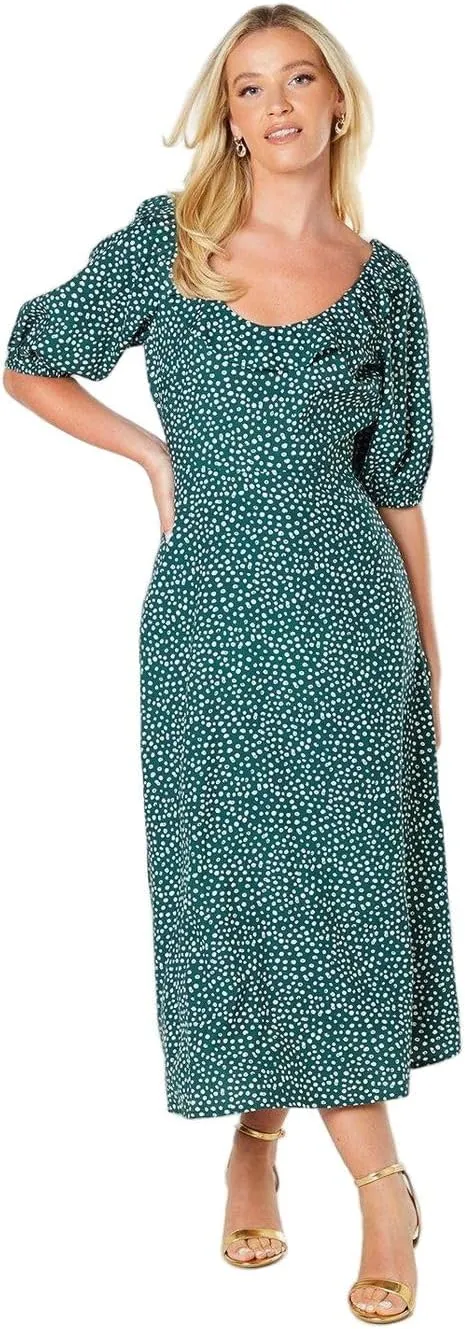 Womens/Ladies Spotted Ruffle Neck Midi Dress