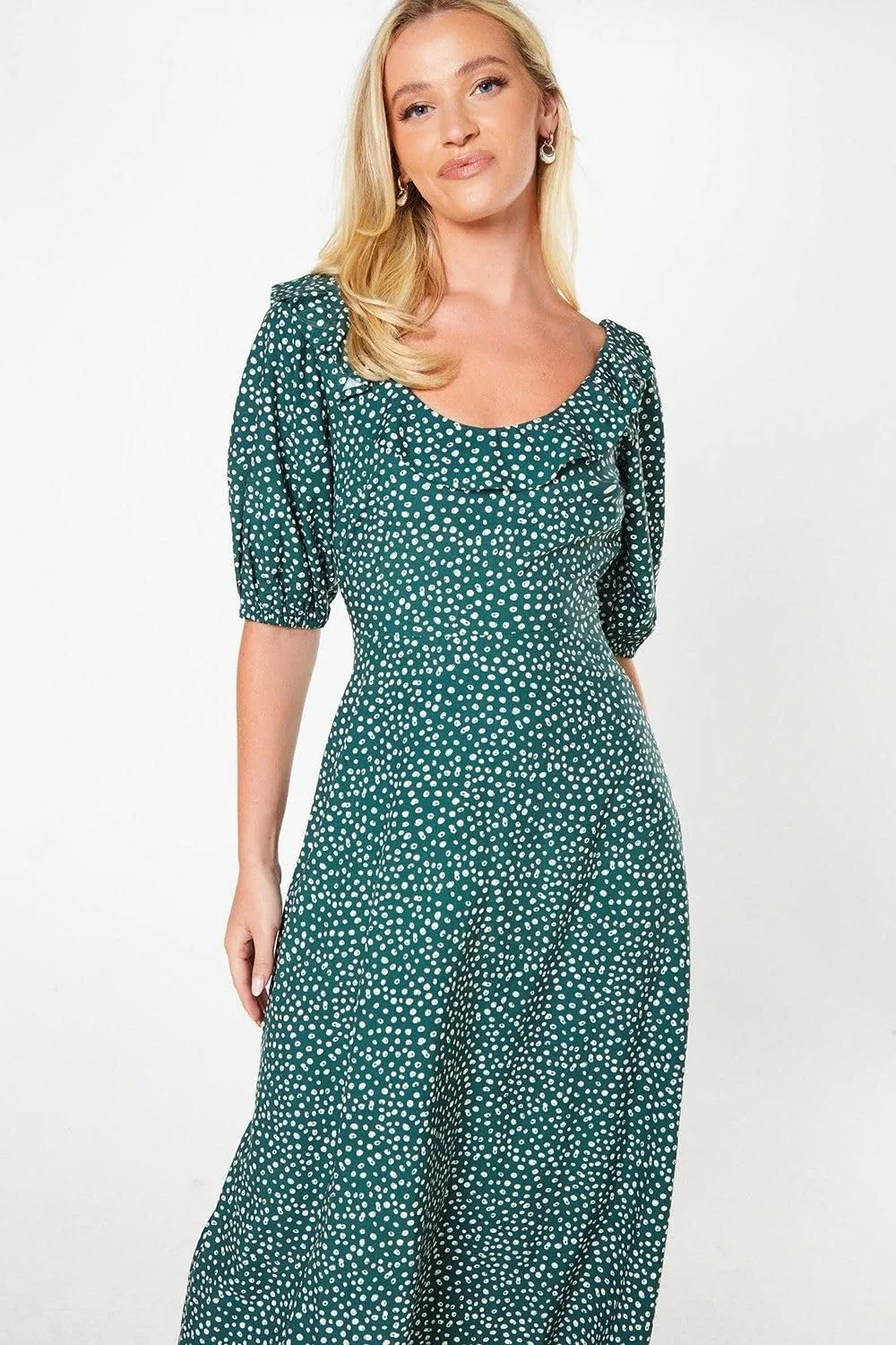 Womens/Ladies Spotted Ruffle Neck Midi Dress