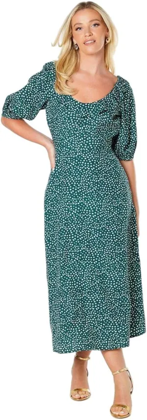 Womens/Ladies Spotted Ruffle Neck Midi Dress