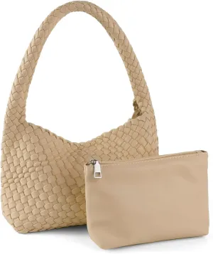 Woven Bag for Women, Vegan Leather Handbag and Purse Shoulder Bag Casual Retro Beach Totes Ladies Underarm Bag