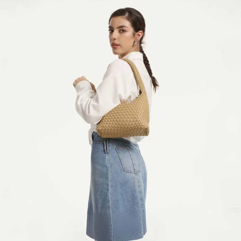 Woven Bag for Women, Vegan Leather Handbag and Purse Shoulder Bag Casual Retro Beach Totes Ladies Underarm Bag