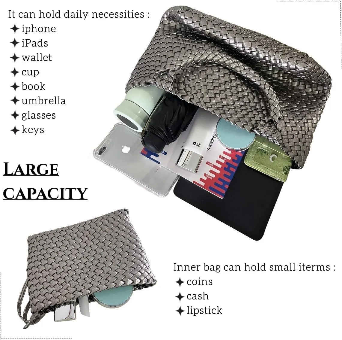 Woven Bags for Women Vegan Leather Tote Shoulder Bags Woven Purses and Handbags Handmade Large Shopper Bag
