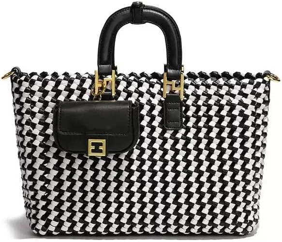 Woven Shoulder Bag for Women - Womens Leather Large Tote Bags for Women Woven Purse Travel Shopper Beach Bag