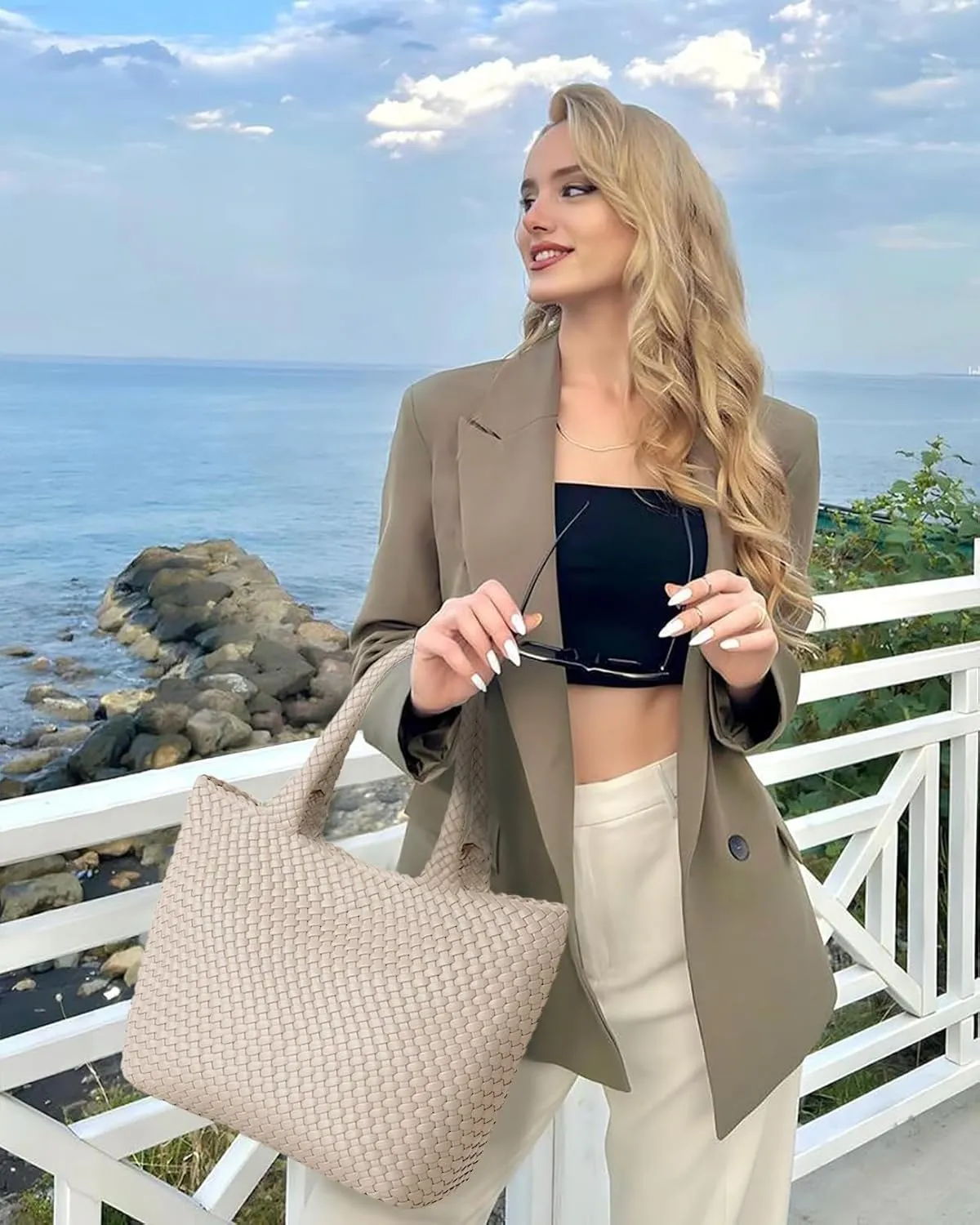 Woven Tote Bag for Women, Fashion Woven Bags for Women Vegan Leather Shoulder Handbags Large Summer Beach Travel Bag