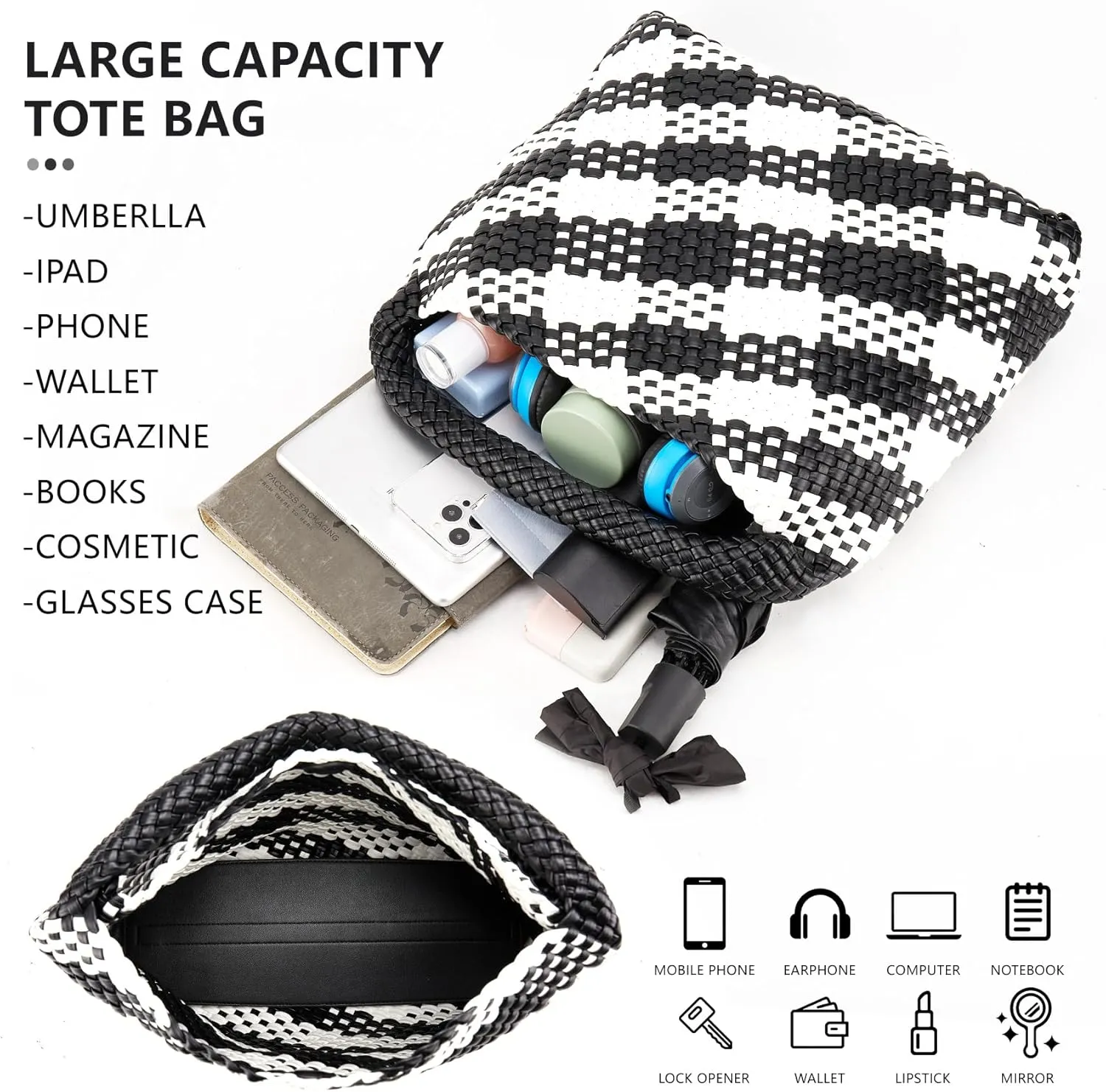 Woven Tote Bag for Women, Fashion Woven Bags for Women Vegan Leather Shoulder Handbags Large Summer Beach Travel Bag
