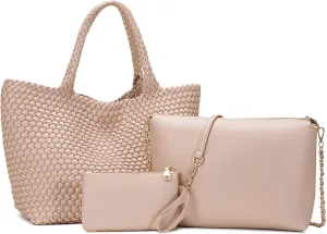 Woven Tote Bag for Women Large Fashion Summer Beach Tote Bagsand Purses Braided Bags Three piece women's bag set