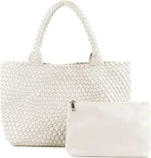 Woven Tote Bag for Women Vegan Leather Large Capacity Travel Handbag and Purse Foldable Retro Handmade Shoulder Bag