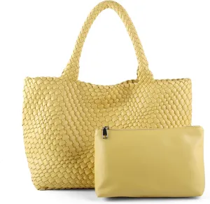 Woven Tote Bag for Women Vegan Leather Large Capacity Travel Handbag and Purse Foldable Retro Handmade Shoulder Bag