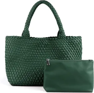 Woven Tote Bag for Women Vegan Leather Large Capacity Travel Handbag and Purse Foldable Retro Handmade Shoulder Bag