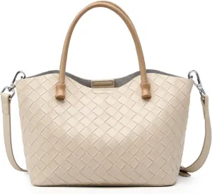 Woven Tote Bag for Women with Zipper, Small Genuine Leather Purse Handbags, Top-handle Satchel Shoulder Bags