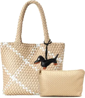 Woven Tote Bag Women Purse, Vegan Leather Shoulder Handbag Summer Beach Tote Bags Large Travel Bag