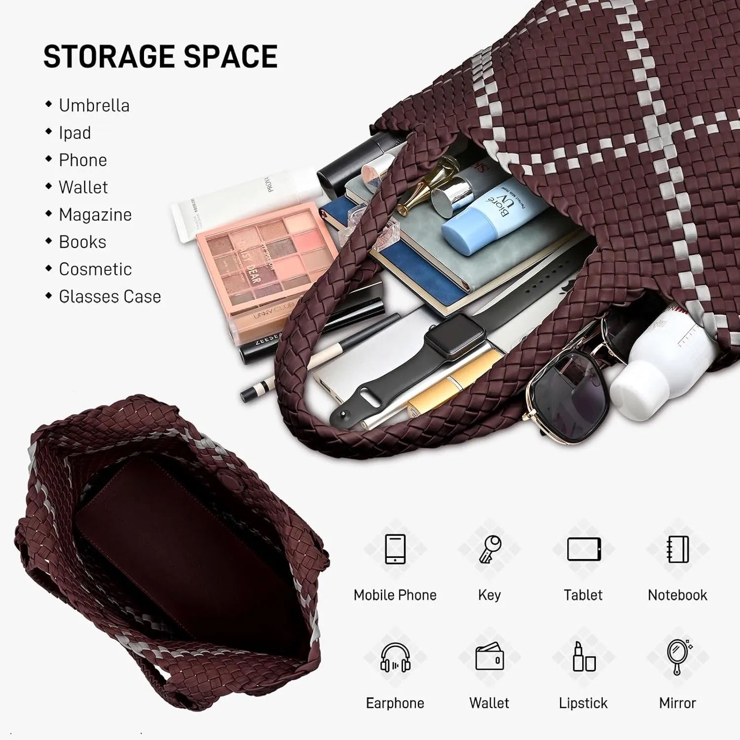 Woven Tote Bag Women Purse, Vegan Leather Shoulder Handbag Summer Beach Tote Bags Large Travel Bag